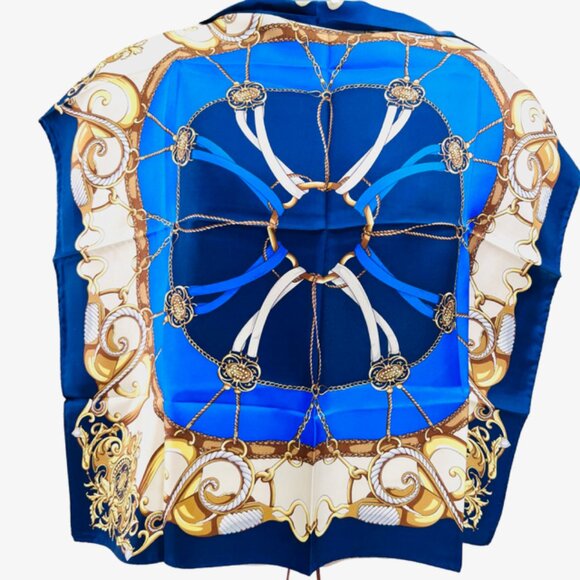 New Unused Louis Quatorze Paris 100% Silk Satin 27" Blue Beige Gold Logo (52) - Picture 4 of 6